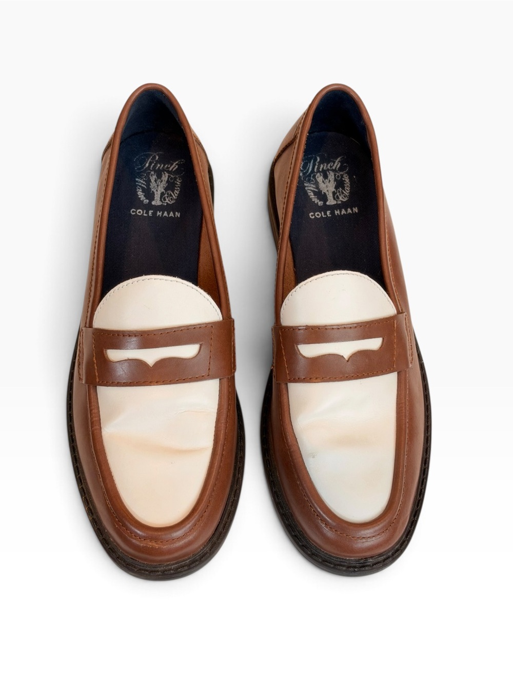 Cole Haan Pinch Weekender Two Tone Leather Penny Loafers Brown Ivory 7.5B